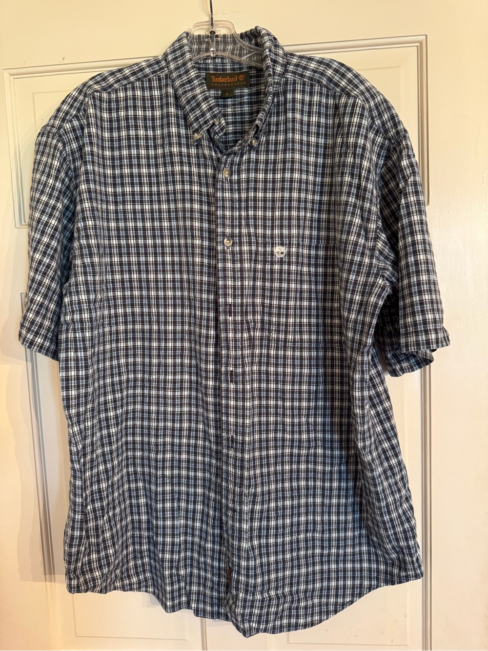 Timberland Blue and White Plaid Short-Sleeve Button-Down Shirt